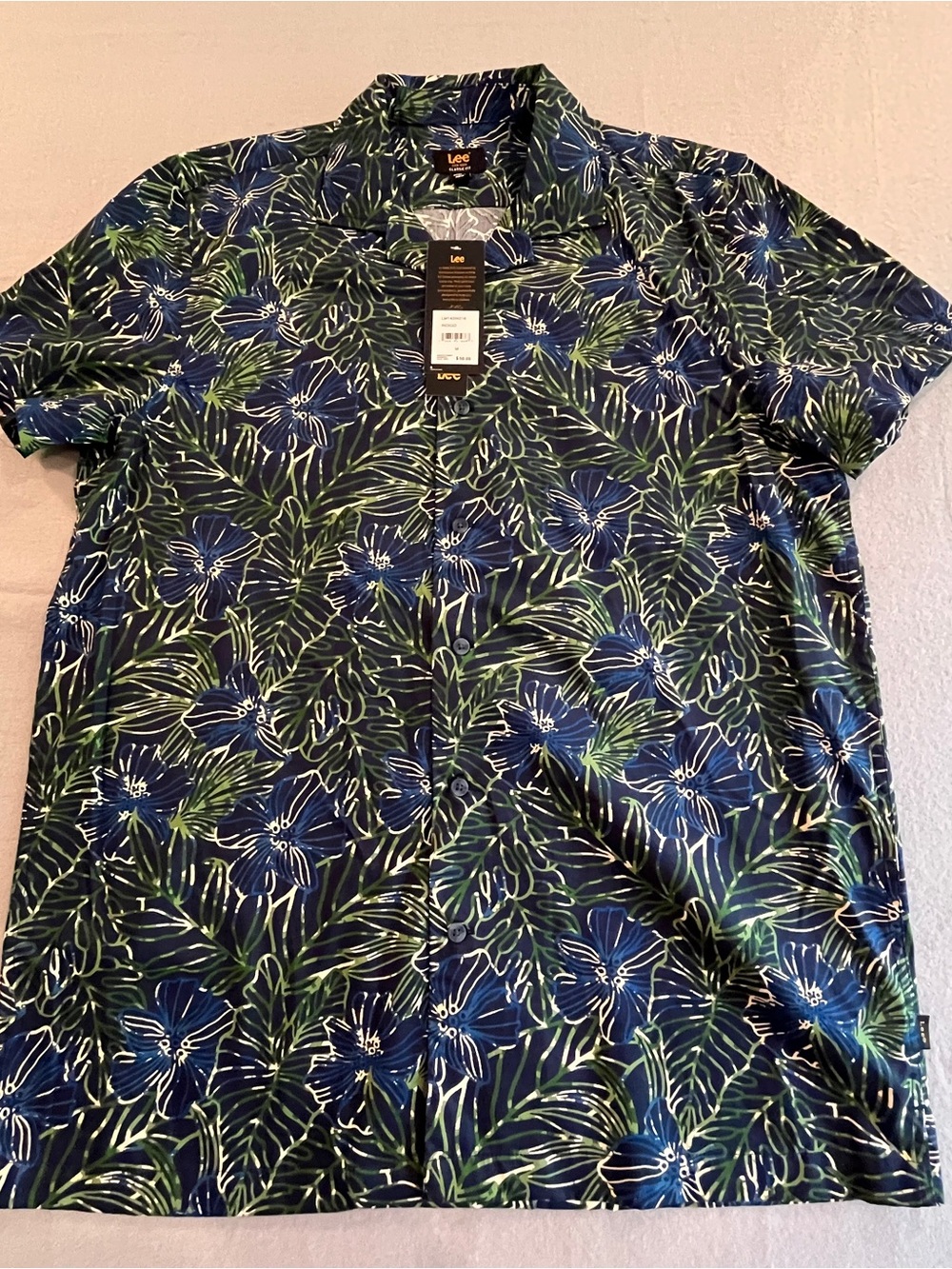 Lee Navy Floral Short-Sleeve Button Down Shirt with Green Leaf Print